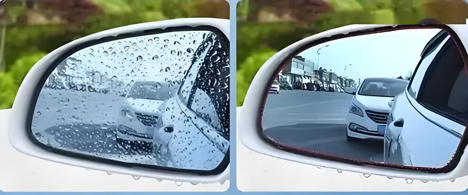 Comparison of fogged and anti-fog car mirror surfaces showing visibility difference