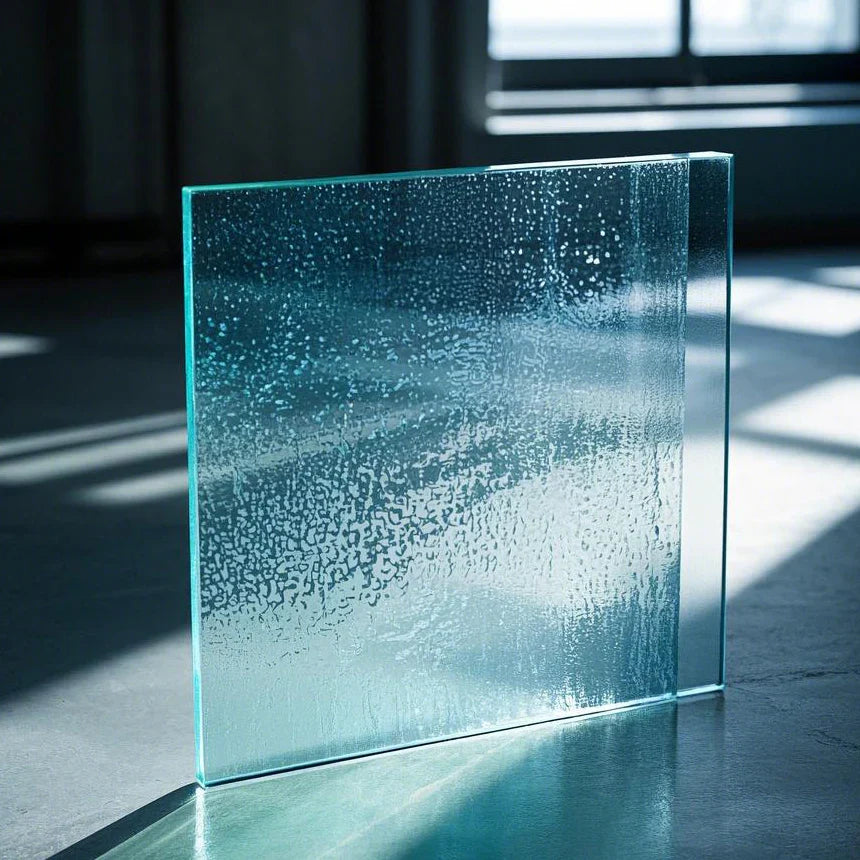 Close-up view of glass surface with condensation texture under natural light