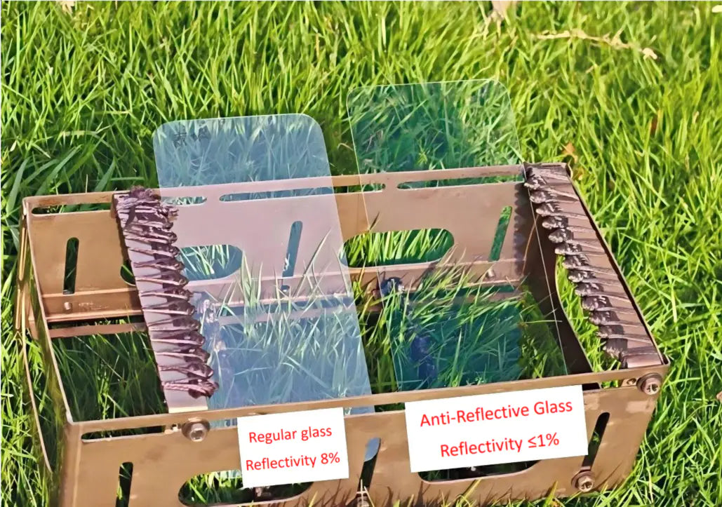 Comparison of AR glass and regular glass reflectivity showing anti-reflective performance under sunlight