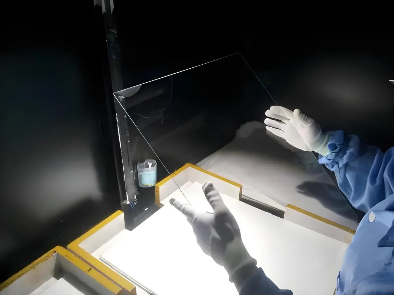 Technician inspecting ITO coated ultra-clear glass during solar panel production process